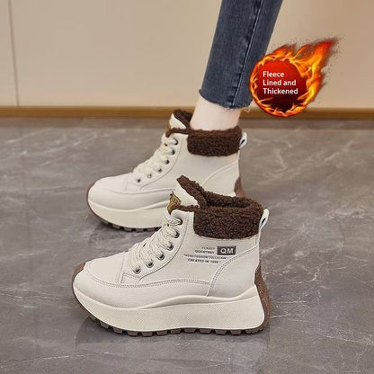 Sarah Express Women's Fleece-Lined High-Top Winter Sneakers | PU Leather Dad Shoes – Sarah Express Brown With Velvet