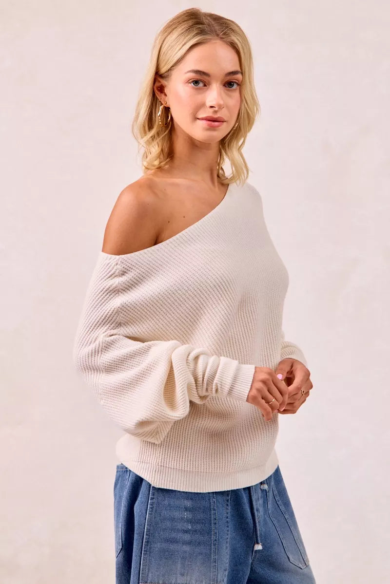 Sarah Express Women's Waffle Knit Off Shoulder Top - Ribbed Stretch Long Sleeve