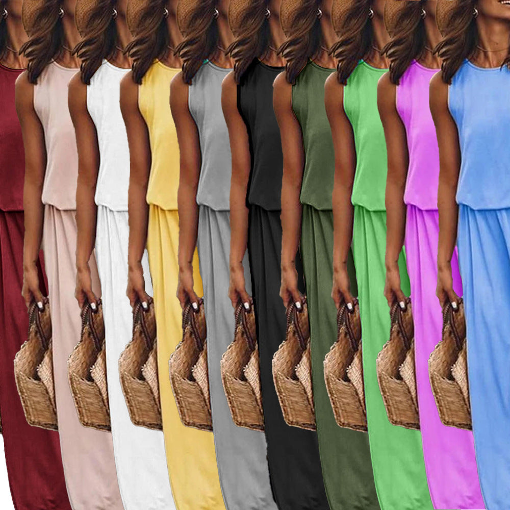 Sarah Express Women's Sleeveless Round Neck Dress with Side Split Solid Color