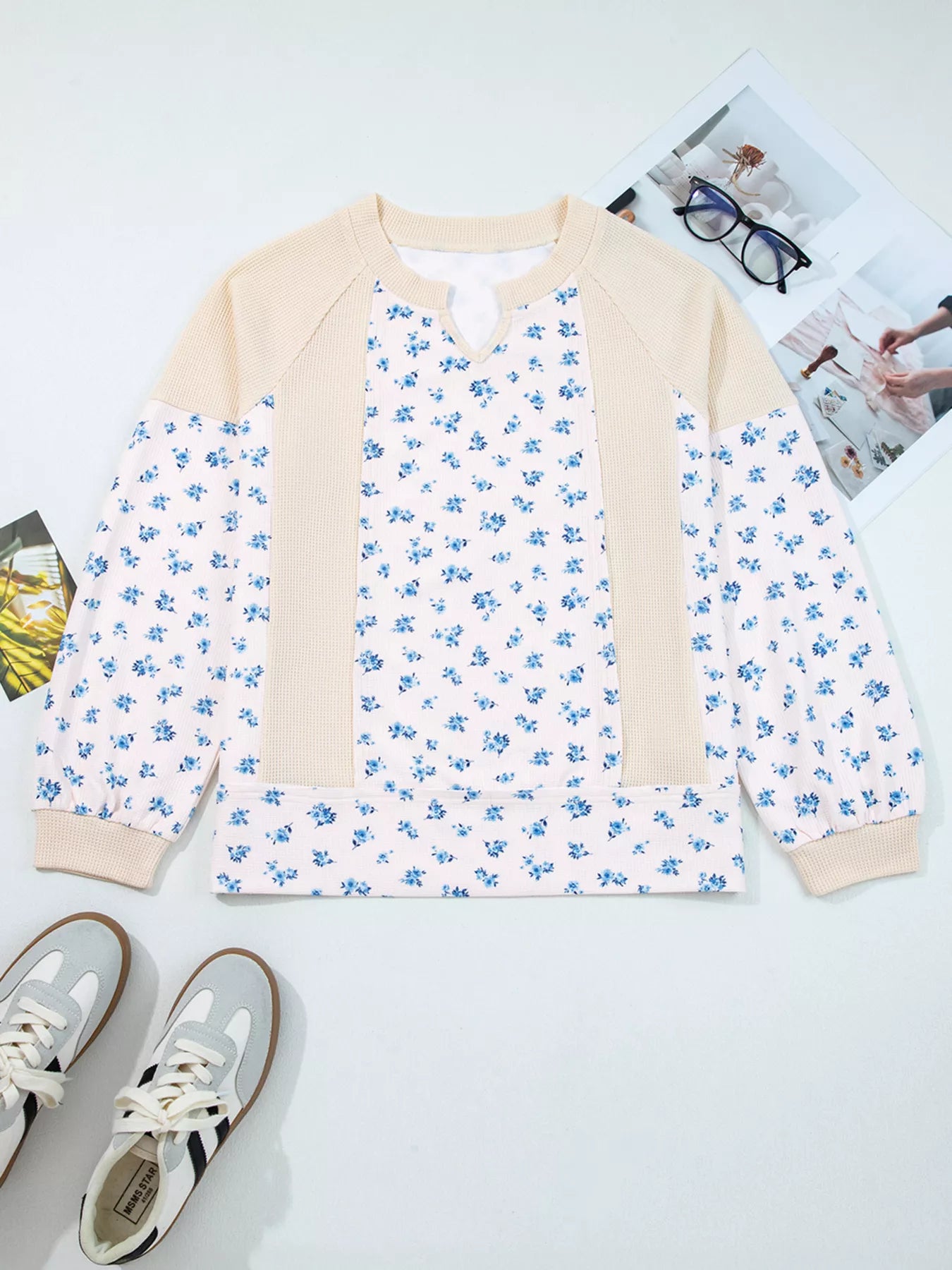 Sarah Express Women's Waffle Knit Floral Color Block Patchwork Balloon Sleeves Oversized Top