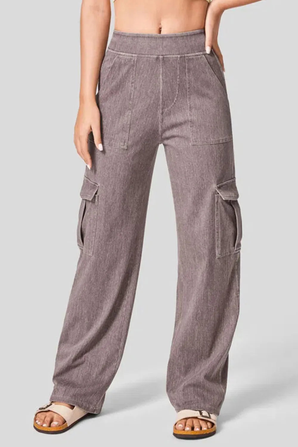 Sarah Express Women's High Waist Straight Leg Cargo Jeans Mocha