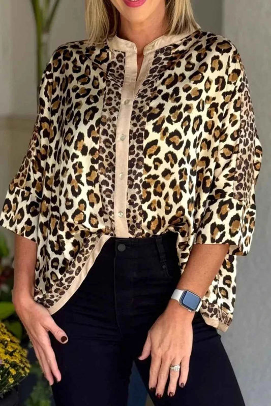 Sarah Express Women's Leopard Print Button-Down Shirt - Long Sleeve Viscose Blouse