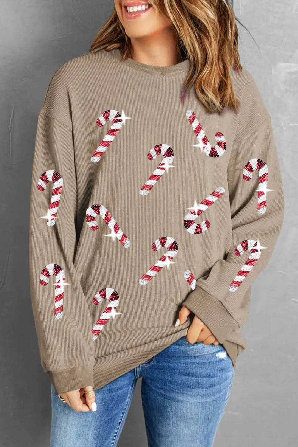 Sarah Express Women's Sequin Candy Cane Round Neck Sweatshirt Camel