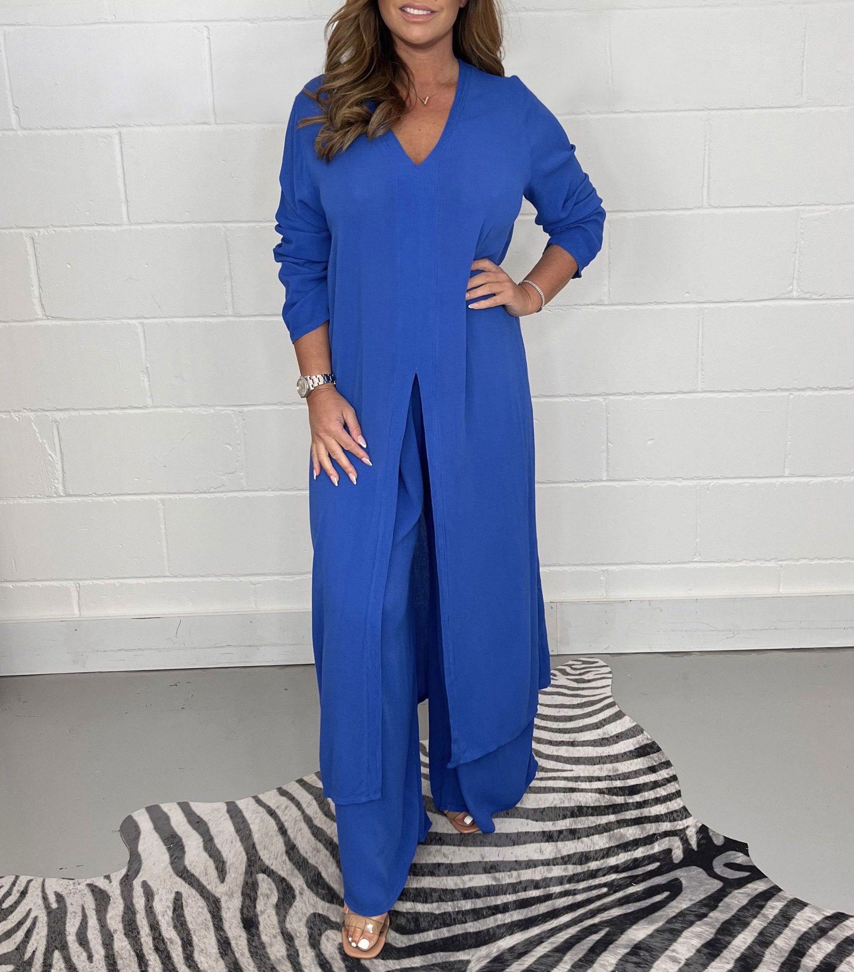Sarah Express Women's Two-Piece Set Long Tunic Top Pants - Casual Minimalist Solid Color Plus Size