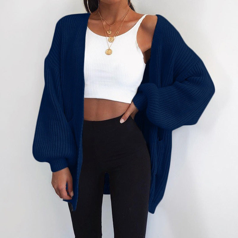 Sarah Express Women's Loose Fit Mid-Length Cardigan Sweater Open Front Knit Jacket Solid Color Casual