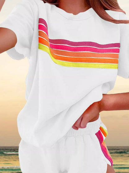 Sarah Express Women's Rainbow Striped Two Piece Set - Round Neck Top & Shorts Lounge Set