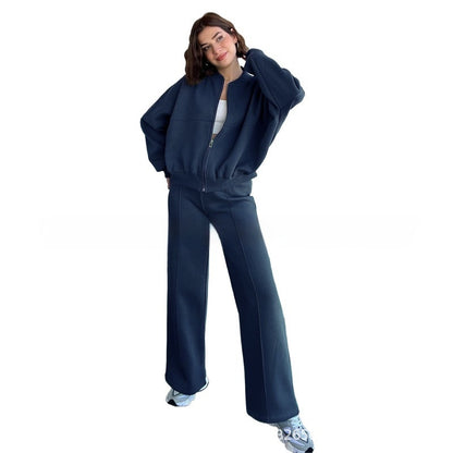 Sarah Express Women's Athleisure Tracksuit Set - Zipper Jacket & Wide Leg Pants Two Piece Outfit Dark Blue