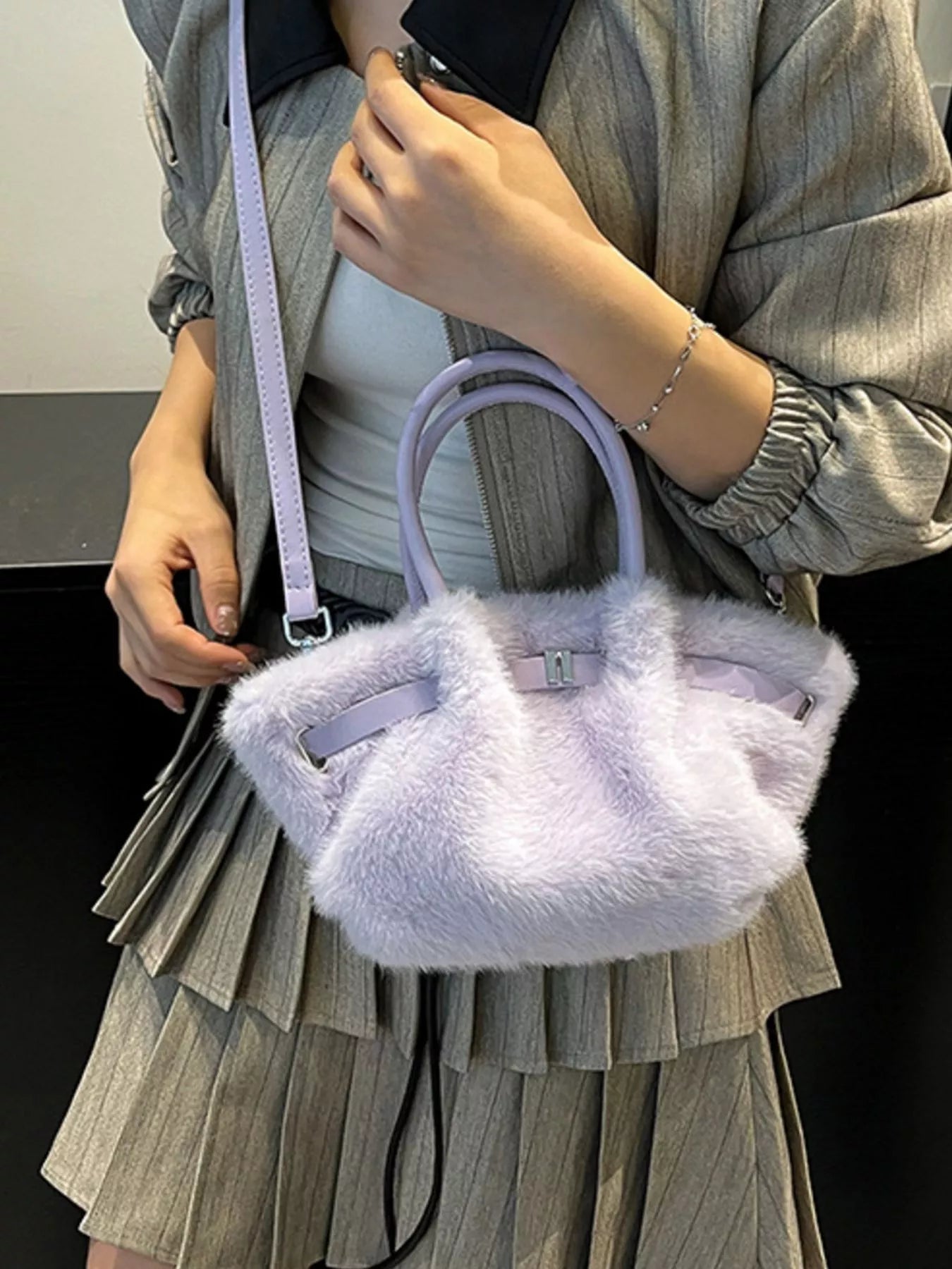 Sarah Express Women's Fluffy Crossbody Bag with Buckle Detail