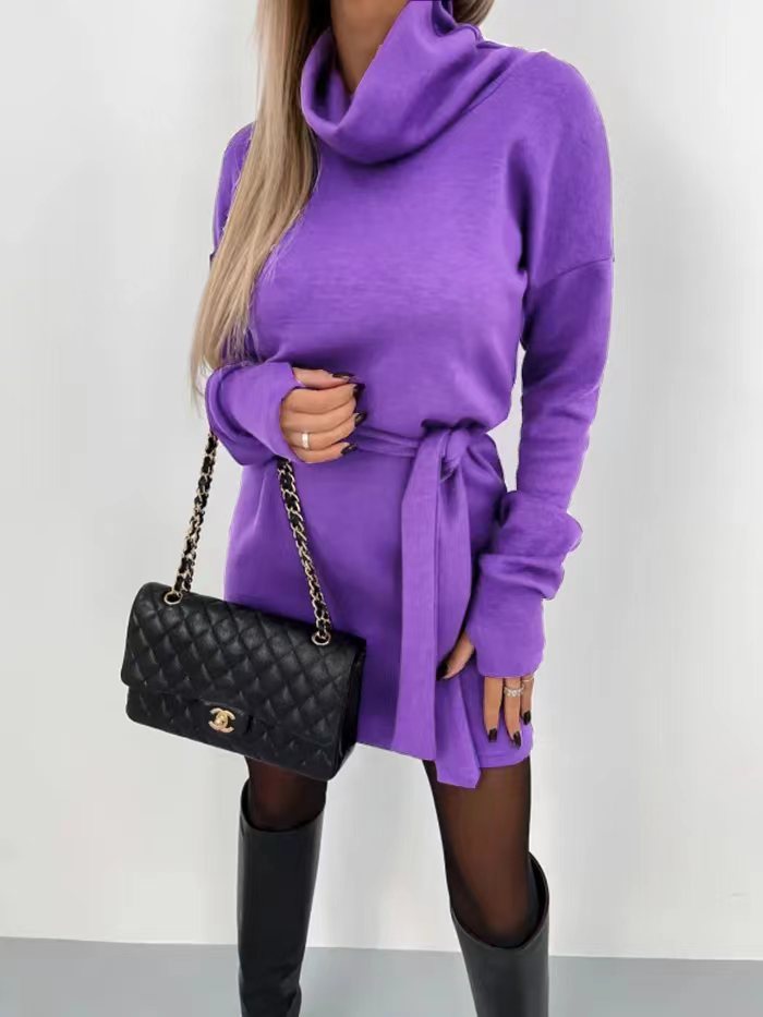Sarah Express Women's High Collar Belted Dress Long Sleeve Cotton Pullover Mid Waist