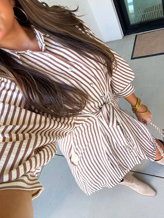 Sarah Express Women's Striped Tie Waist Shirt Dress