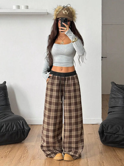 Sarah Express Women's Plaid Wide Leg Pants with Drawstring and Pockets