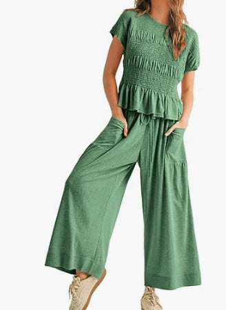 Sarah Express Pleated Top Wide Leg Pants 2-Piece Matching Set