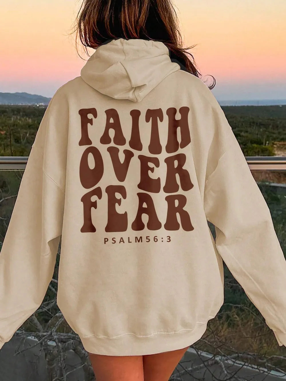 Sarah Express Women's FAITH OVER FEAR Dropped Shoulder Hoodie Tan