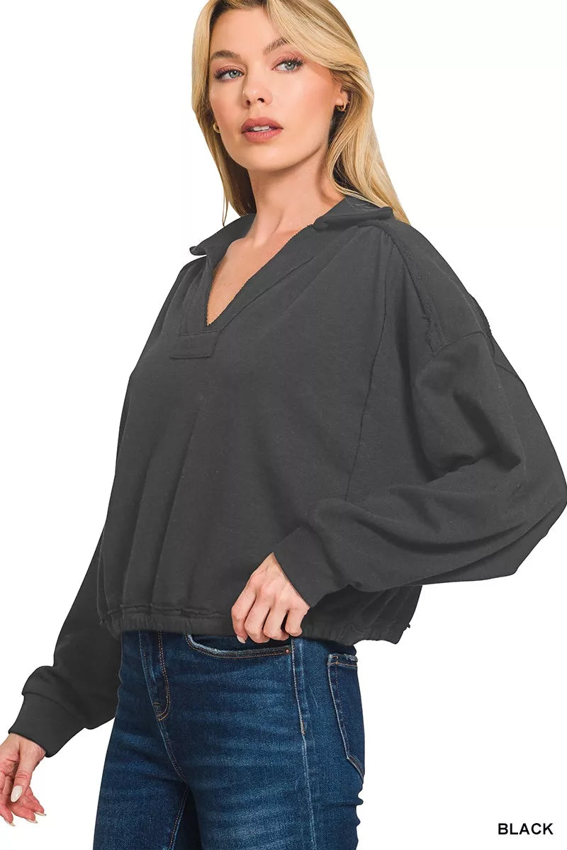 Sarah Express Women's French Terry Collared Exposed Seam Sweatshirt BLACK