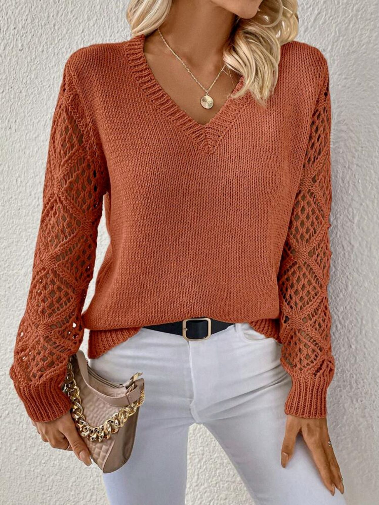 Sarah Express Women's V-Neck Pullover Sweater - Hollow Long Sleeve Knit Top Orange Red