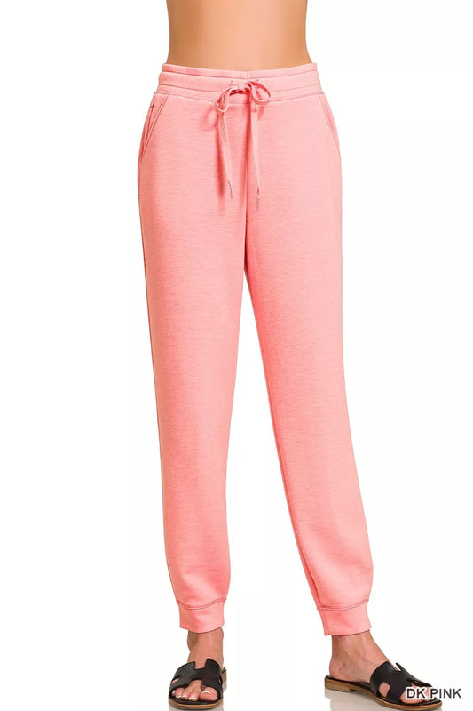 Sarah Express Women's Drawstring Scuba Joggers with Pockets - Athleisure Lounge Pants DK PINK