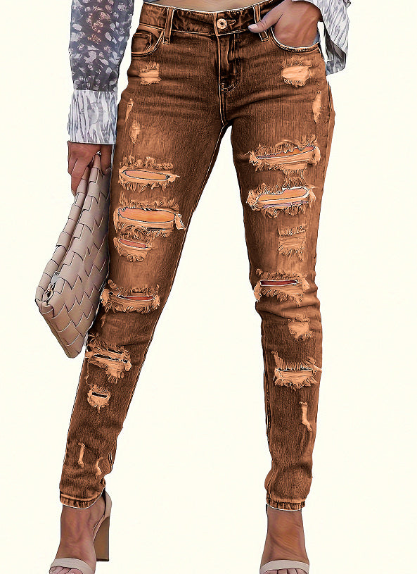 Sarah Express Women's Distressed Skinny Pants Mid Waist Cotton Ripped Denim Trousers Street Style