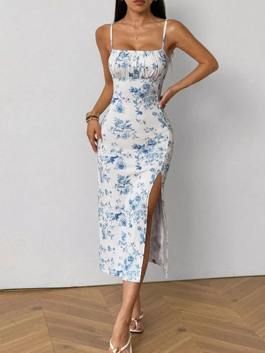 Sarah Express Women's Floral Print Ruched Slit Cami Dress Light Blue