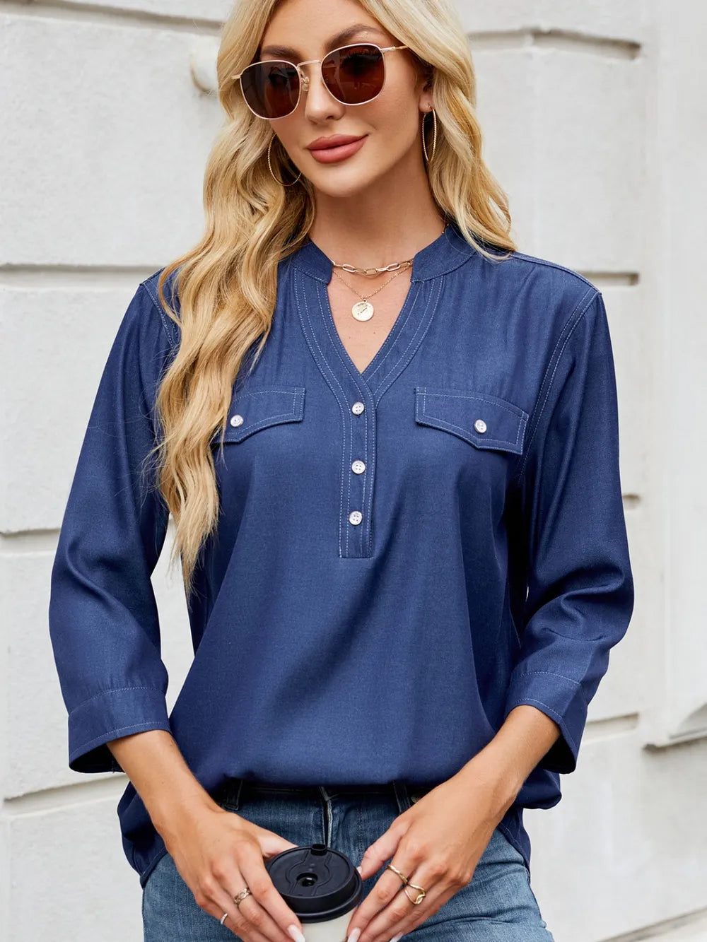 Sarah Express Women's Notched Three-Quarter Sleeve Denim Top
