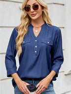 Sarah Express Women's Notched Three-Quarter Sleeve Denim Top