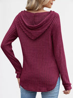 Sarah Express Women's Ribbed Knit Button Detail Hooded Top
