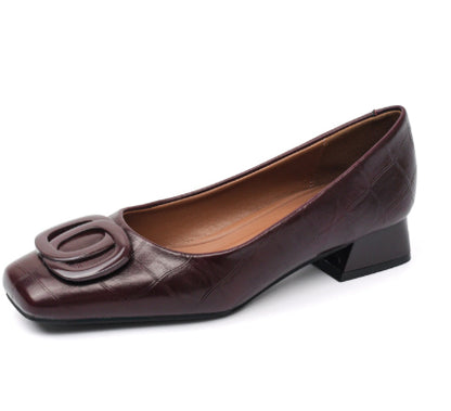 Sarah Express Womens Retro Square-Toe Sheepskin Leather Chunky Heel Pumps | Low Heel Slip-On Dress Shoes