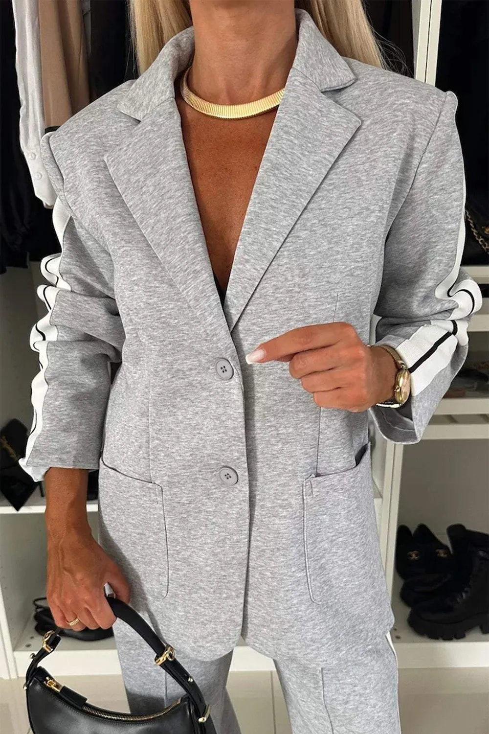Sarah Express Women's Two-Piece Contrast Lapel Top and Pants Set Buttoned Pocketed Work Casual Outfit