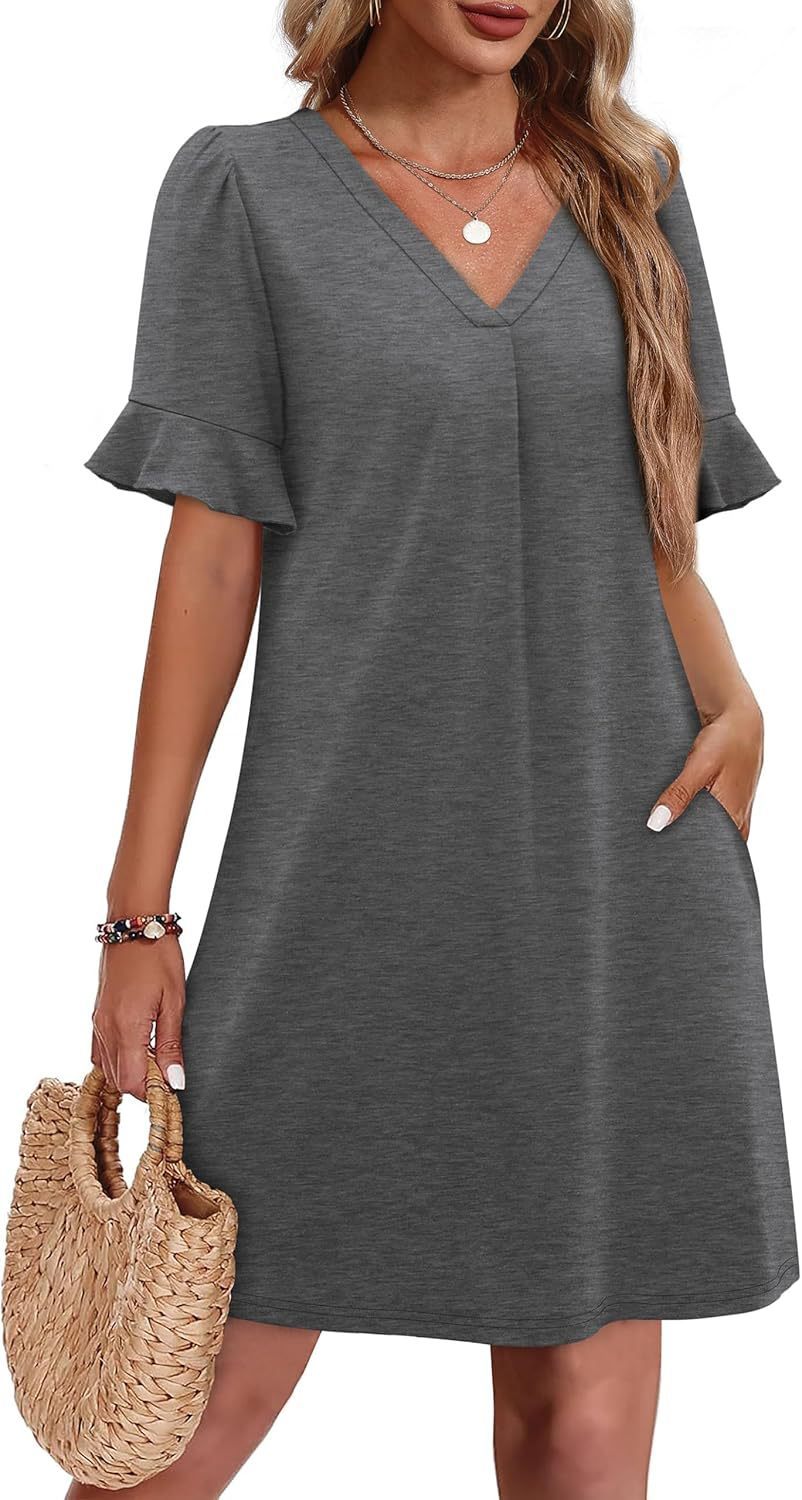 Sarah Express Women's V-Neck Ruffled A-Line Dress with Pockets Vacation Casual Short Sleeve