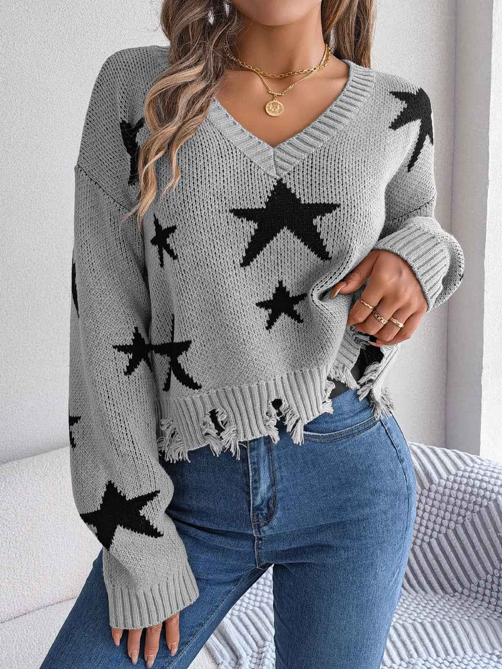 Sarah Express Women's Star Distressed V-Neck Knit Sweater - Long Sleeve Casual Pullover Gray