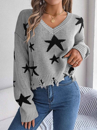 Sarah Express Women's Star Distressed V-Neck Knit Sweater - Long Sleeve Casual Pullover Gray