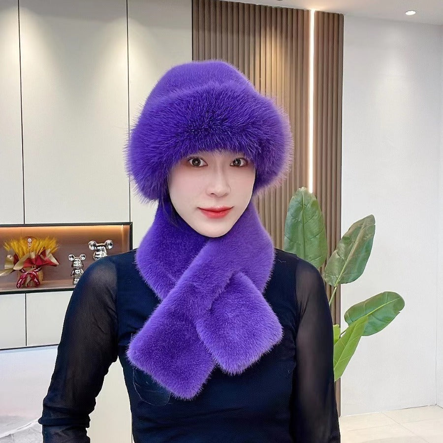 Sarah Express Women's Plush Winter Hat Scarf Set Dome Cap Warm Windproof