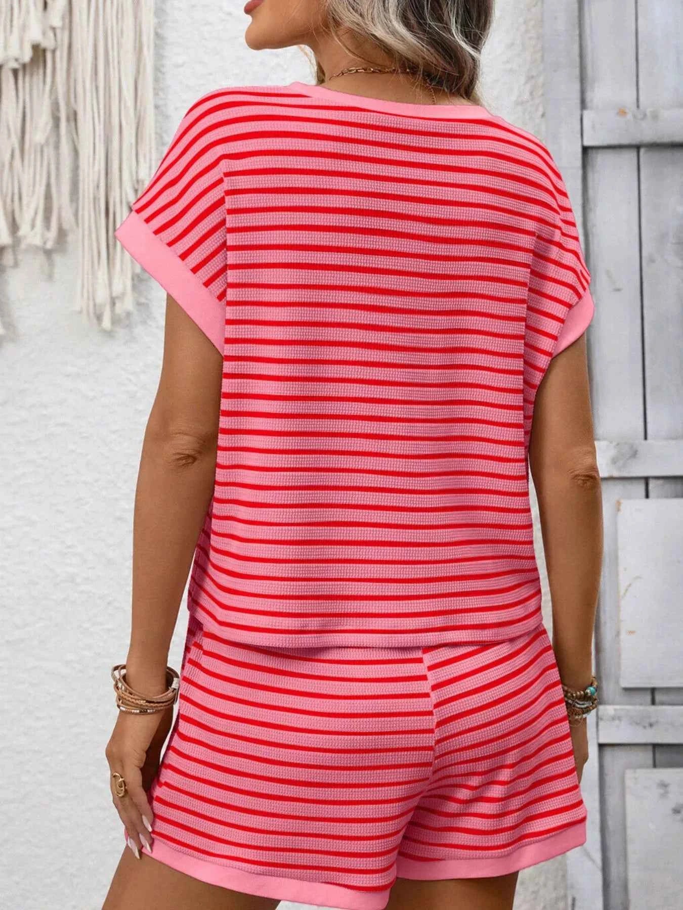 Sarah Express Women's Striped Round Neck Top and Shorts Set - Casual Two Piece Outfit