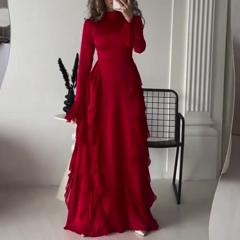 Sarah Express Women's High Waist Flared Sleeve Maxi Dress Round Neck Elegant Patchwork