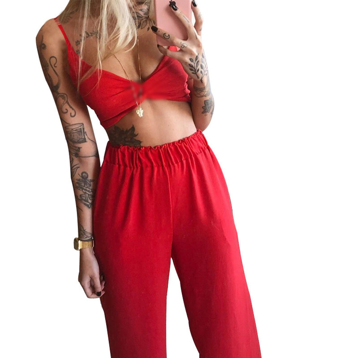 Sarah Express Women's Printed Tube Top Wide Leg Pants Two Piece Set Sleeveless