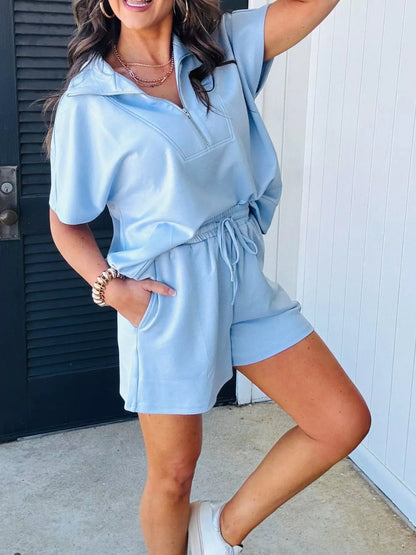 Sarah Express Women's Half Zip Sweatshirt Set - Loose Fit Short Sleeve 2 Piece Outfit