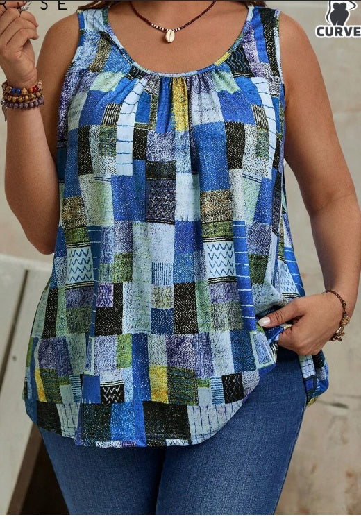 Sarah Express Plus Size Geometric Print Pleated Tank Top
