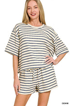 Sarah Express Women's Striped Short Sleeve Tee & Shorts Set DENIM