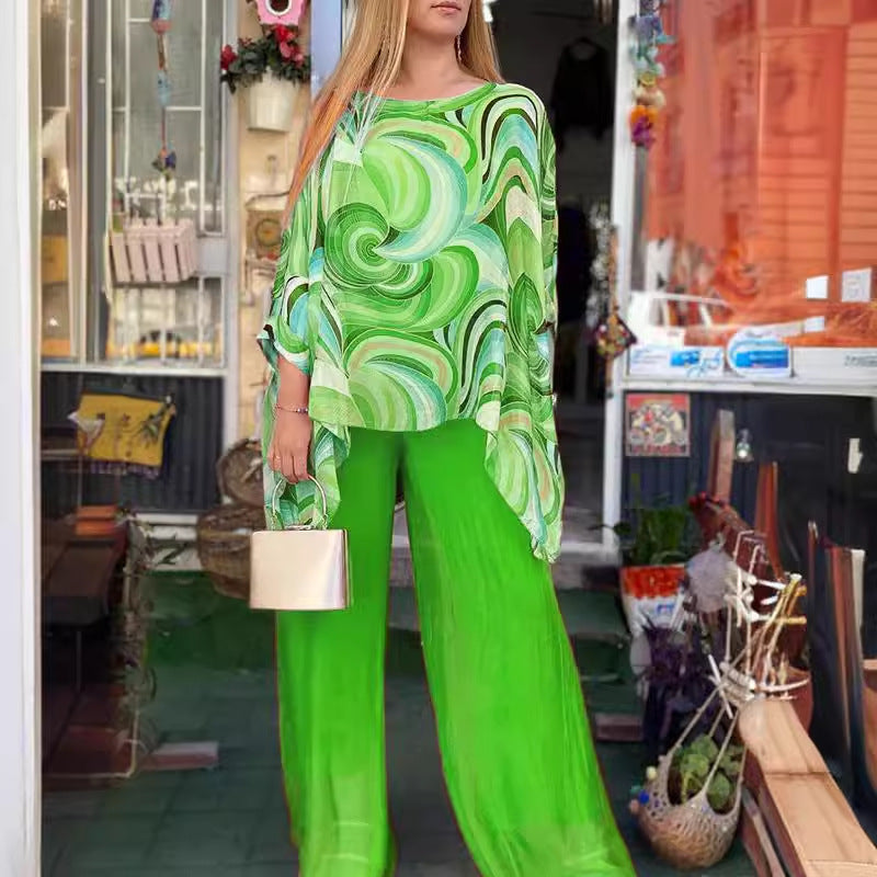 Sarah Express Printed Chiffon Two-Piece Set Round Neck 3/4 Sleeve Top Pants Suit