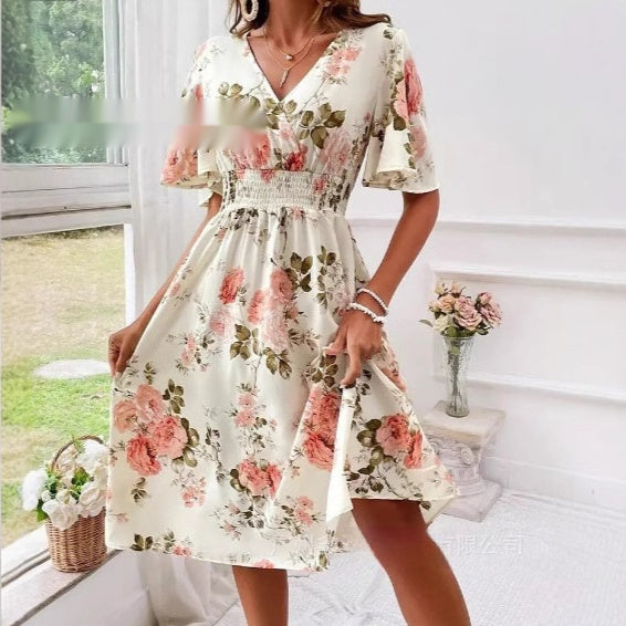 Sarah Express Women's Floral Print Smocked Waist Maxi Dress with Belt A-Line