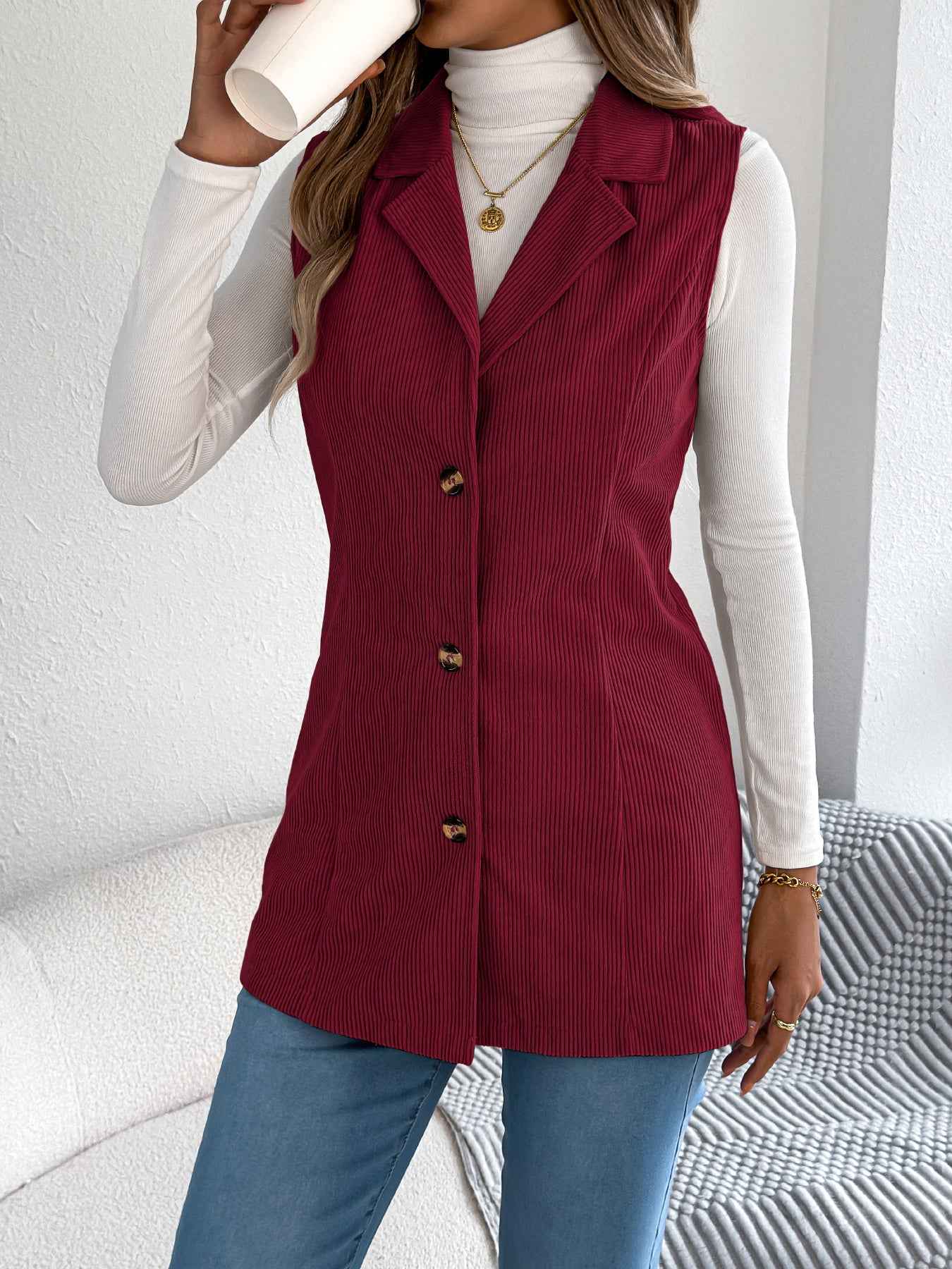 Sarah Express Women's Single-Breasted Corduroy Vest Jacket Blazer