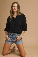 Sarah Express women’s long sleeve linen-cotton blend blouse with a comfortable elastic hem.
