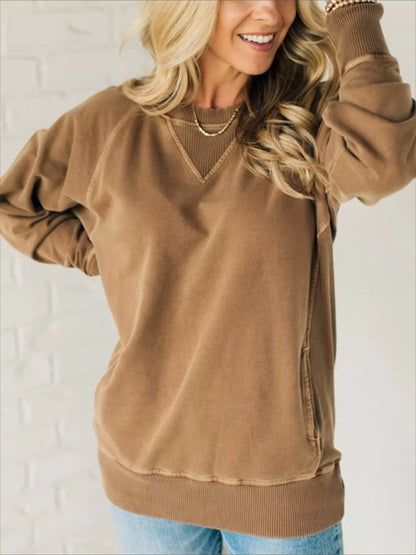 Sarah Express Women's Crew Neck Raglan Sleeve Sweatshirt - Casual Pullover Top Brown