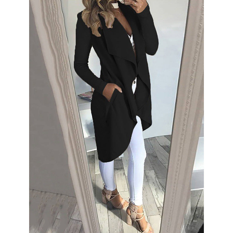 Sarah Express Women's Plus Size Polo Collar Long Trench Coat Slim Fit
