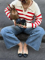 Sarah Express Women's Striped Knit Polo Collar Sweater