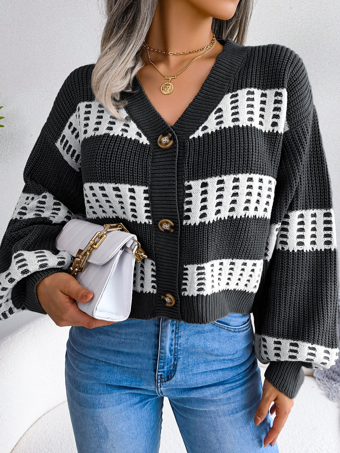 Sarah Express Women's Color Block Lantern Sleeve Cardigan Sweater Coat - Designer Knitwear Black