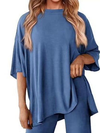 Sarah Express Women's Two Piece Slit Round Neck Top and Pants Set - Casual Loungewear Outfit