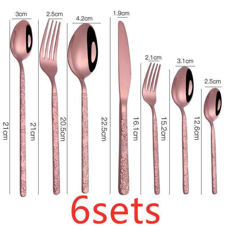 Sarah Express Premium Stainless Steel Steak Knife Fork Set - Embossed Handle Western Cutlery Rose Gold 7PCS 6sets