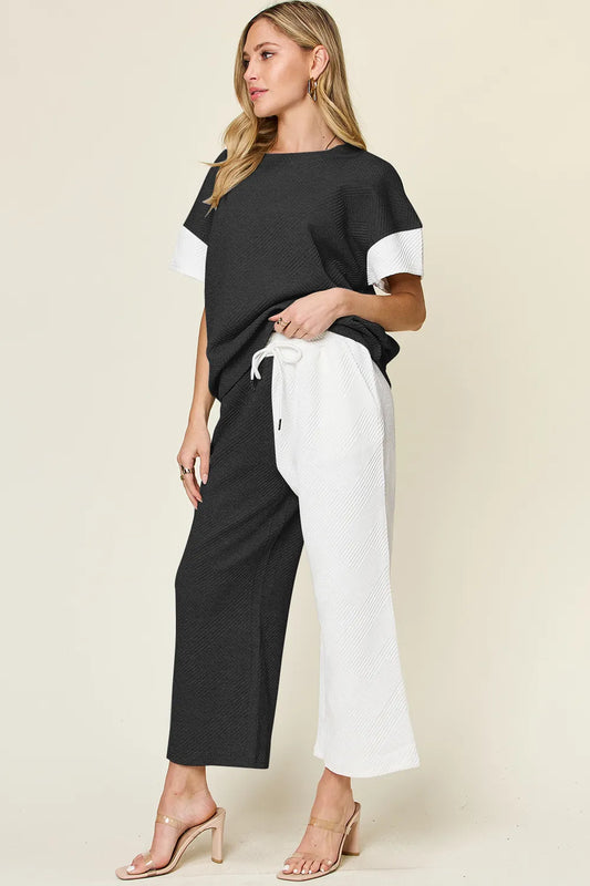 Sarah Express Women's Textured Contrast T-Shirt and Wide Leg Pants Set