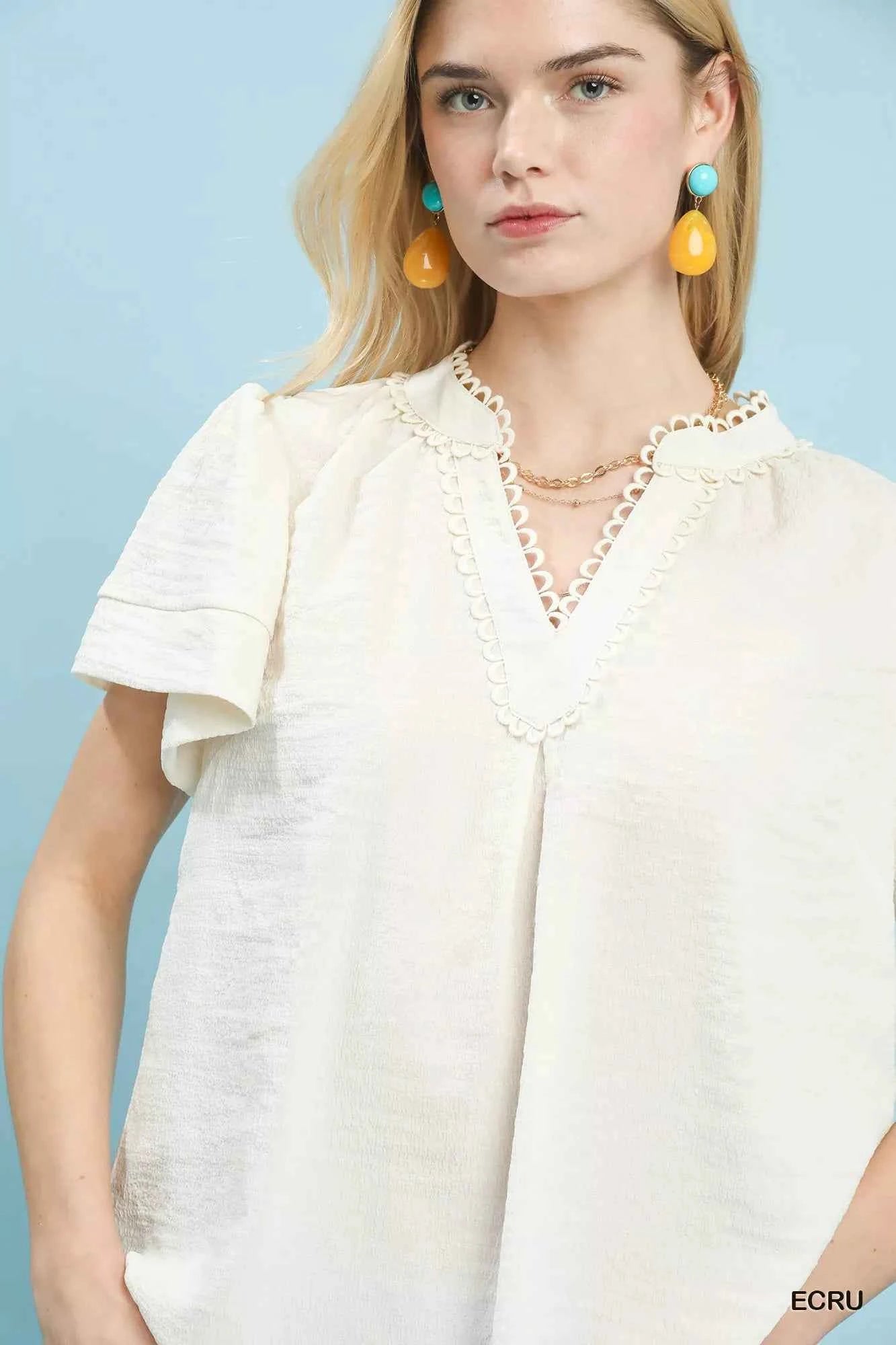 Sarah Express Women's Seersucker Short Sleeve Top with Lace Trim Detail