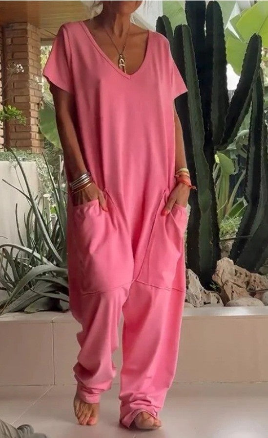 Sarah Express Women's V-Neck Oversized Jumpsuit Quarter Sleeve Pockets Casual Street Style Spring Summer